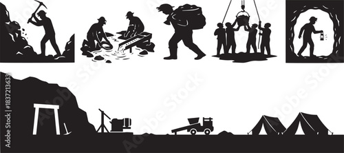 Silhouettes illustrating the historical process of gold mining, from prospecting and digging to extraction and setting up a camp.