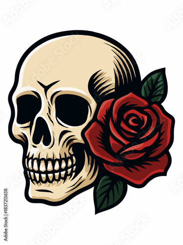 Vector illustration of a human skull with red roses
