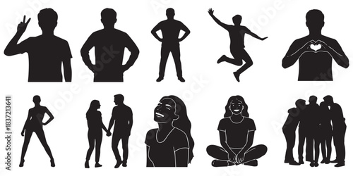 Collection of black silhouettes depicting various people in different poses and emotional states, including individuals, couples, and groups.
