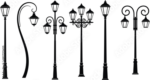 Classic Vintage Street Lamp Silhouettes Vector Collection, Set of Ornamental Outdoor Lighting Elements, Traditional Victorian Style Illumination Designs, Public Park and Urban Decorative Art.