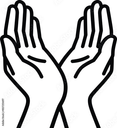 Outlined two open palms raised in prayer position on isolated transparent background vector illustration for muslim pray icon