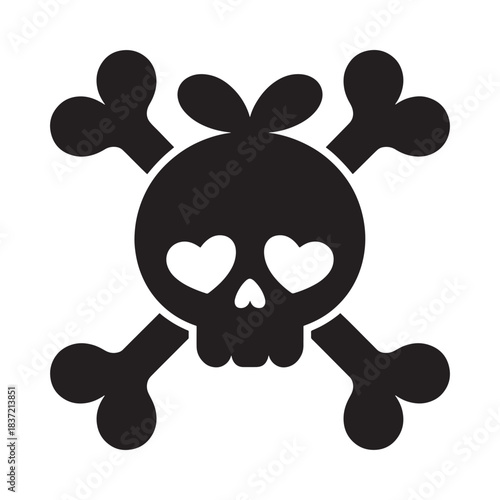 Cute skull and crossbones with heart eyes and bows silhouette for kawaii or pirate themes