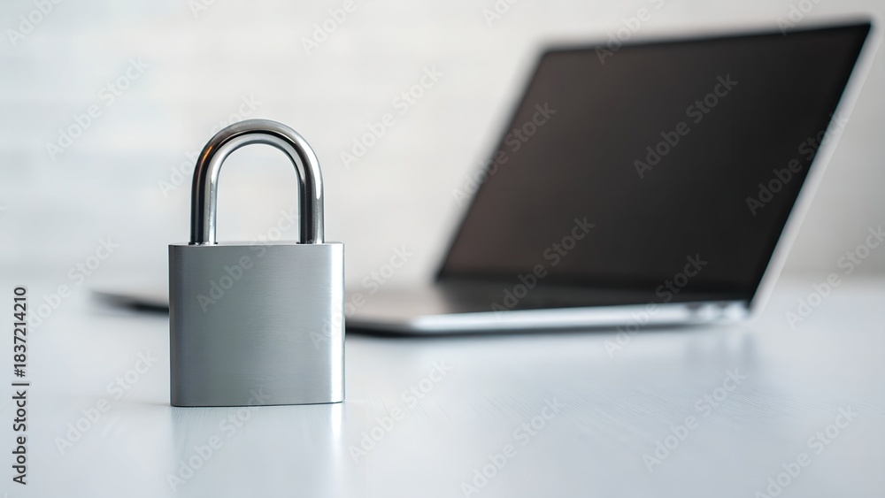 Fototapeta premium Silver Padlock In Front Of Laptop Computer With Black Screen On White Desk