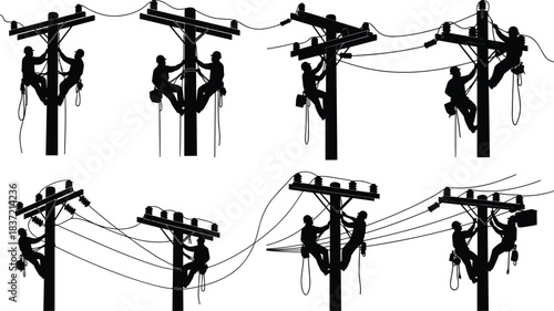 Electrician Linemen Working on Power Poles Silhouette Vector Set, Repairing High-Voltage Lines and Electrical Grid Infrastructure, Maintenance and Transmission Network Flat Illustration