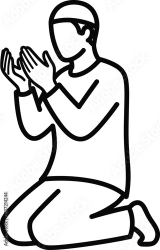 Muslim pray icon showing outline of person kneeling with hands open for prayer facing qibla direction