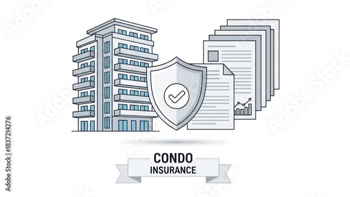 A building with a protective shield and documents, set against a white background.