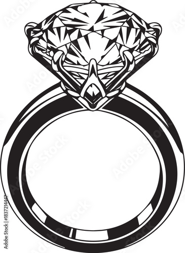 Black and White Line Art of a Diamond Engagement Ring