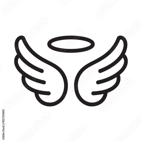 Simple black and white illustration of angel wings with a halo above