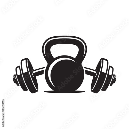 Black and white illustration of a kettlebell with accompanying dumbbells