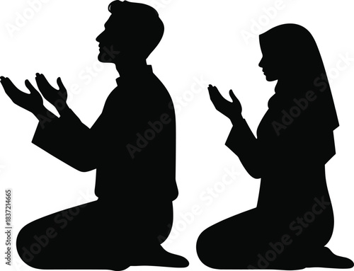 Muslim pray icon man and woman kneeling hands raised in supplication silhouettes qibla direction for devotion