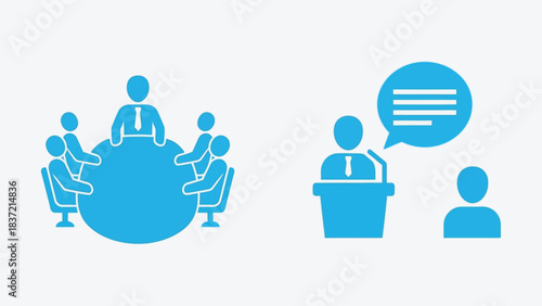 Vector illustration of set of two blue icons representing business meeting and public speaking or presentation