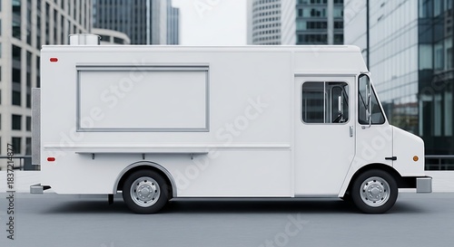 Clean White Food Truck in Urban Setting with Modern Buildings.