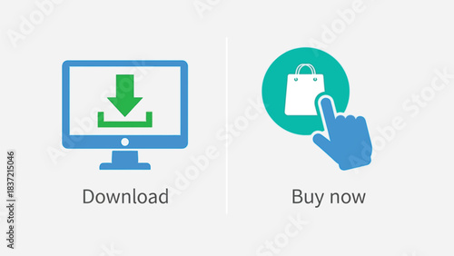 Vector illustration of set of two icons representing digital actions a computer monitor with a download arrow and a hand clicking a shopping bag icon labeled buy now