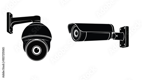 Two security cameras in black and white a detailed illustration silhouette