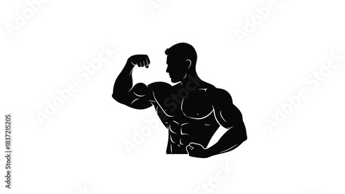 Muscular man flexing his bicep powerful physique in black silhouette