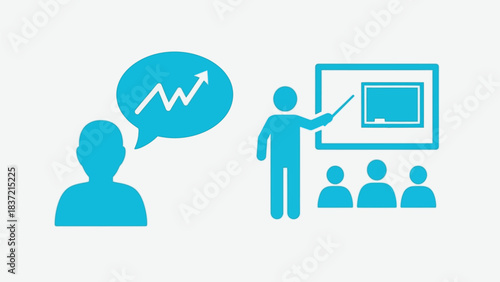 Vector illustration of business presentation icon set showing a speaker with a growth chart thought bubble and a teacher pointing at a screen in front of an audience, symbolizing training and progress