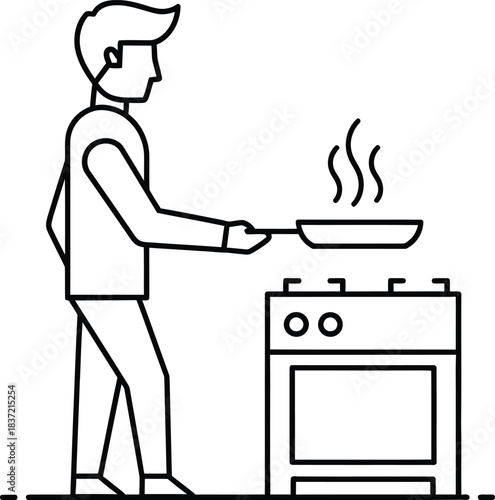 Man preparing a meal on a stove using a frying pan, generating steam. detailed outline icon representing home cooking and culinary activities.