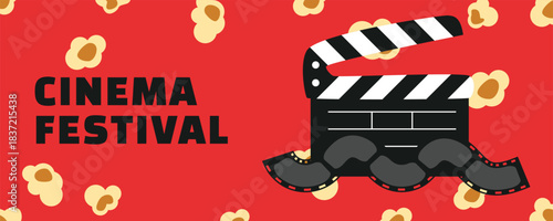 Bright red cinema festival banner with clapperboard and popcorn illustration. Movie night promotional banner