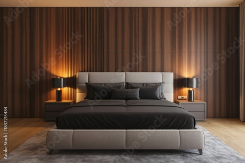 Minimalist Modern Bedroom Interior, Dark Wall Panel Design, Luxurious King Size Bed, Cozy Night Lighting, Elegant Contemporary Bedroom, Sleek Dark Furniture, Cozy Home Decor, Wooden Accent Wall.