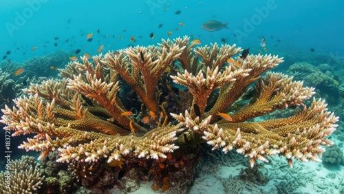 Fototapeta Naklejka Na Ścianę i Meble -  A vibrant underwater coral reef with orange and white corals and a variety of colorful fish.