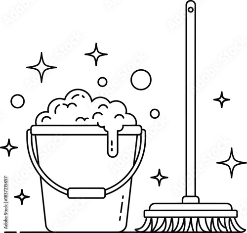 Line art illustration of cleaning bucket with bubbly soap suds and broomstick, symbolizing hygiene, tidiness, and domestic chores.