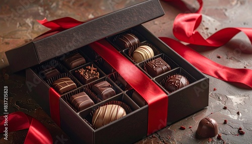 An elegant box of assorted gourmet chocolates with a red ribbon.