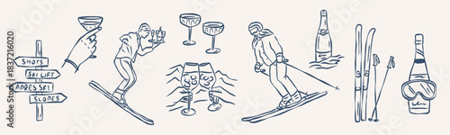 Hand drawn retro apres ski elements collection