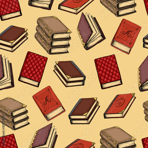 Books seamless pattern. Vintage background. Reading education symbol, literature stack. Decor textile, wrapping paper, wallpaper. Print for fabric. Vector cartoon isolated illustration