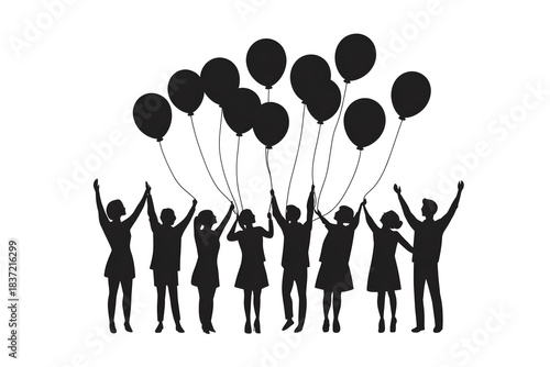 Silhouette Celebration with Balloons: A joyous silhouette of a diverse group of individuals celebrating with balloons against a bright backdrop, symbolizing unity and togetherness. 