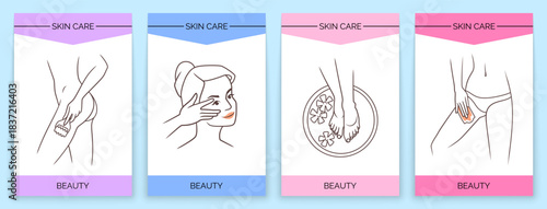 Skincare posters collection. Beauty routine. Massage and spa flyer. Woman body parts. Cosmetic skin care procedure. Line drawing card. Advertising design. Vector isolated illustration