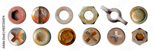 Rust nail. Head of metal screw bolt. Rusty rivet. Old pin top. Vintage copper texture. Brown industrial iron. Self-tapping fastener. Fastening assortment. Vector realistic objects set