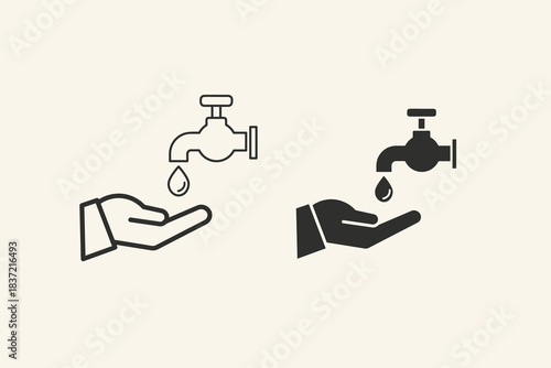 A simple vector icon showing hands being washed with water droplets, representing hygiene, sanitation, and health safety visuals.