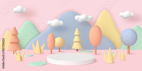 Podium in trees. 3d spring scene with product pedestal, pastel floral geometric stand in nature park, mountains and trees. Minimal scene ecological environment. Vector render background