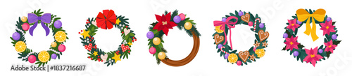 Christmas wreath. Circle adventure decor, bauble tree garland or round xmas holiday flower frame food and branch, conifer with ribbon and toys. Vector cartoon design isolated set