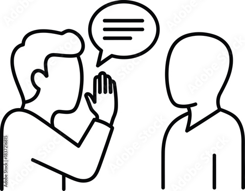 Two outline figures engage in a quiet conversation or secret sharing, with one person whispering a message to the other individual, communication concept.