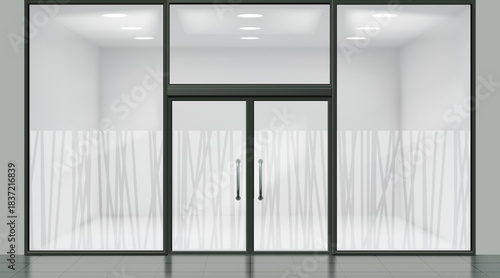 Glass office. Frost wall design pattern. Shop building storefront. Abstract vinyl film graphic or 3d line door texture. Window mural print shapes. Vector architecture exterior mockup