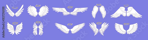 Cute wings. Angel halo icon, simple flying white feather or holy fantasy heaven, gold nimbus collection. Graphic spread art. Angelic decorative symbol. Vector cartoon isolated illustration