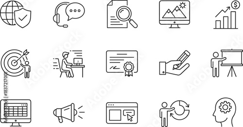 Business Management, Digital Marketing Strategy, Financial Growth, Teamwork Collaboration, Online Education, Global Security, and Human Resource Development Line Icon Set