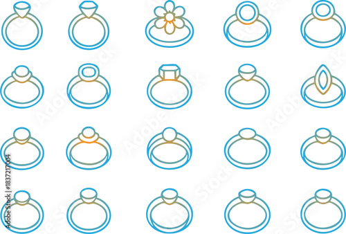 Collection of twenty stylized engagement and wedding ring icons showcasing diverse designs in a clean, modern, and sophisticated visual aesthetic