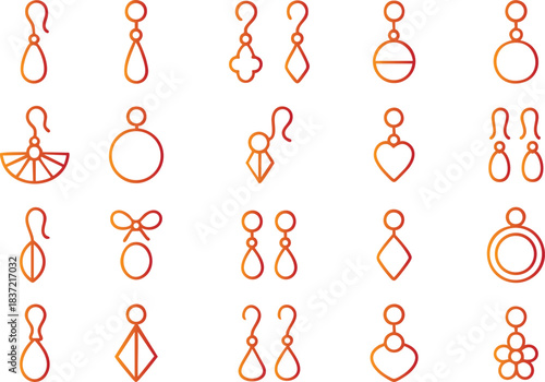 Vibrant orange gradient line art earrings collection. Diverse vector icons featuring modern and classic jewelry designs, perfect for fashion accessories and digital design projects