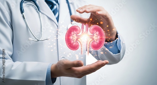 Doctor presenting glowing holographic kidney organ with protective hands symbolizing advanced renal care and health