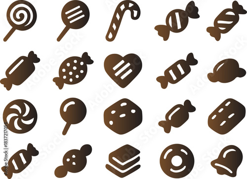 A delightful vector illustration showcasing a rich collection of chocolate and candy icons, perfect for sweet indulgence themes and dessert-related designs, ideal for culinary projects 