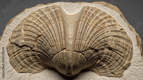 A fossilized shell, likely from a marine organism, with a detailed and intricate structure.