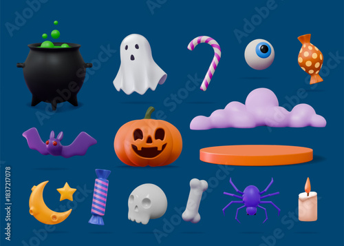 3D Halloween. Autumn holiday elements. Candy cloud. Pumpkin Jack. Skeleton bone and skull. Magic potion cauldron. Bat and ghost. Podium stage for party. Vector render plastic objects set