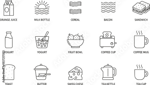 Breakfast and Morning Meal Minimalist Line Icons Food, Drinks, Dairy, and Bakery Symbols for Restaurant Menus and Recipe Apps