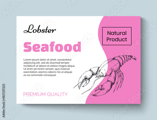 Seafood poster. Sea lobster label. Ocean animal sketch. Fishing and delicacy market. Natural product brochure. Engraving card. Crayfish and mollusk. Vector food sticker design template