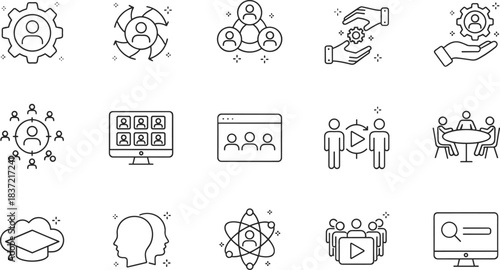 Human Resources Management, Online Education, Remote Teamwork, Corporate Training, Learning Management System, Digital Business Collaboration, and E-Learning Icon Line Set