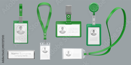 Name tag. Employee ID holder with lanyard. Plastic staff identification for office. VIP membership label at necklace cord. Access for business conference. Vector realistic objects set