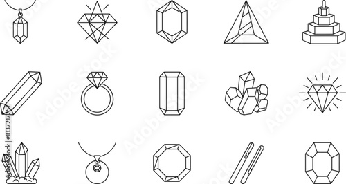 Jewelry, Gemstone, and Crystal Line Icons Set Diamond Shapes, Precious Stones, Rings, Pendants, and Geometric Mineral Forms Vector Collection, Minimalist Outline Style.