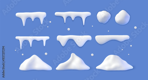 3d snow. Winter cap, ball and pile, white frame, white snowball ice shapes snowdrifts. Icicle holiday box or button, frozen roof corner. Objects for Christmas design. Vector render elements